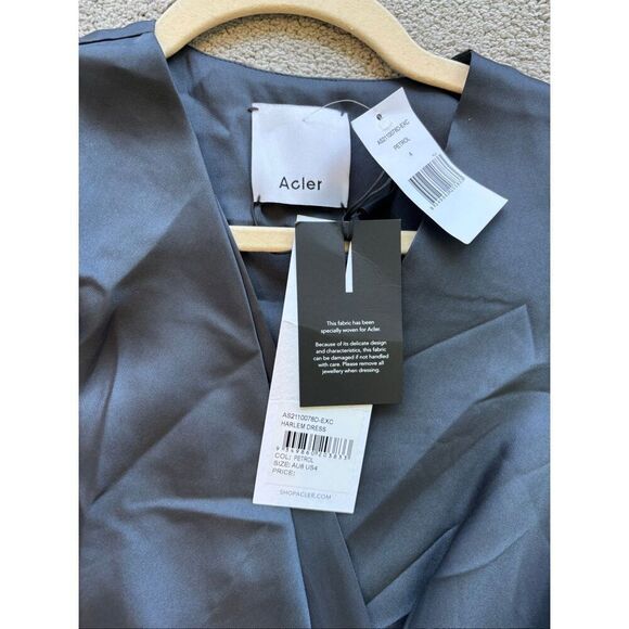 NWT ACLER satin wrap pleated Harlem dress in petrol US 4, $399 - Picture 8 of 13